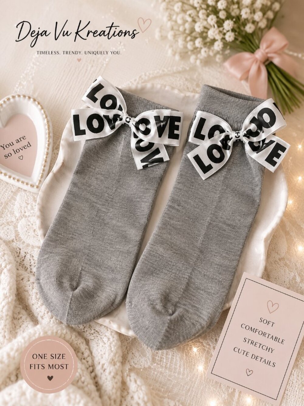 Women's Gray LOVE Bow Ankle Socks Coquette Ribbon Cotton Blend One Size